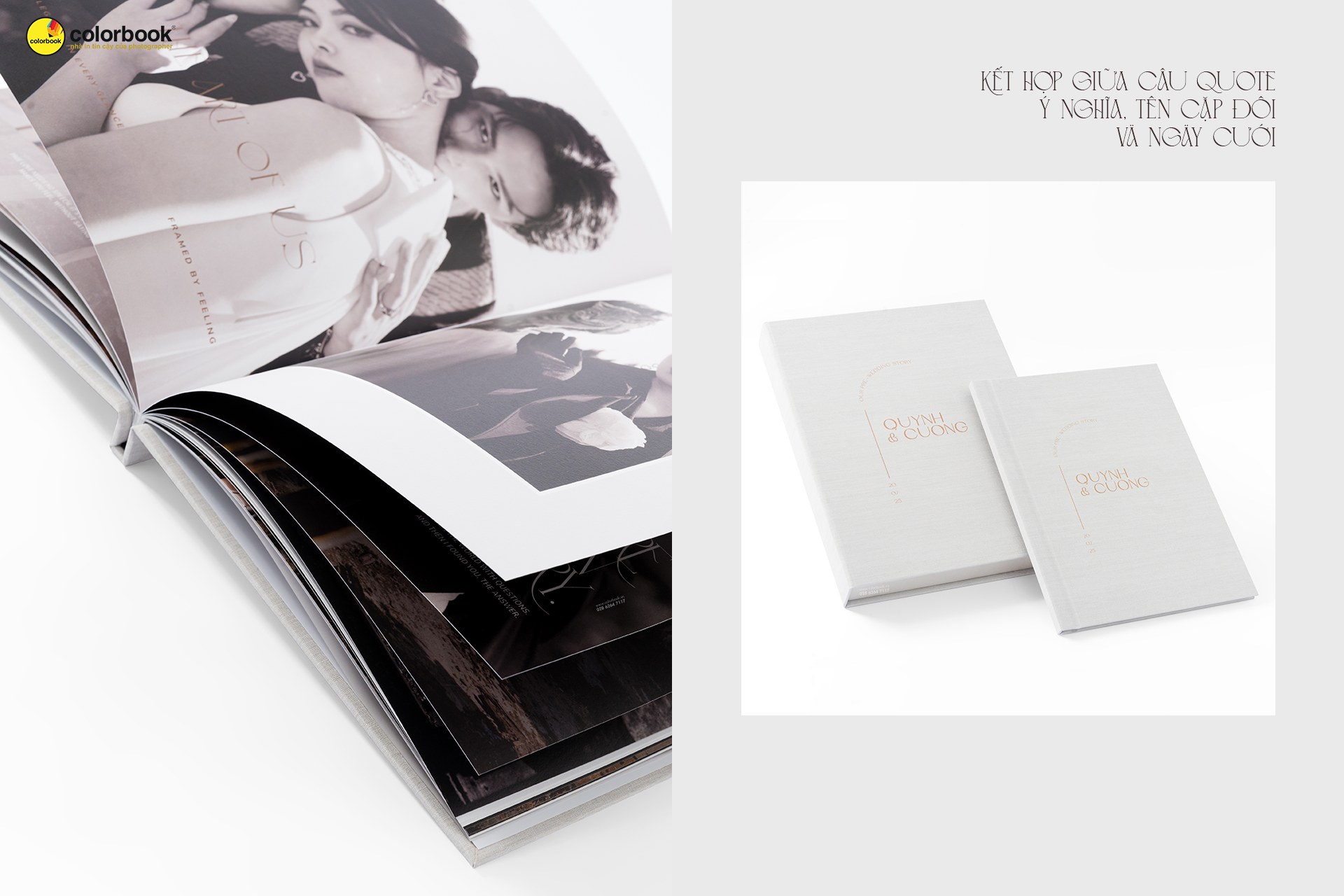 Album cưới cao cấp bìa vải linen ép nhũ tên cặp đôi và câu quote ý nghĩa